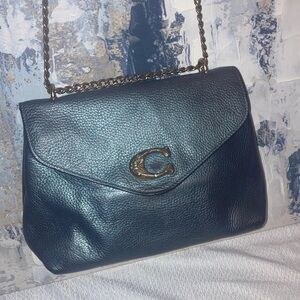 Genuine Coach Tammie 2021 Teal Metallic Refined  Pebble  Leather Shoulder Bag